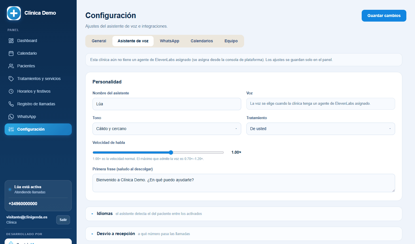 Asistente telefónico de Clinigenda, captura real del panel con datos de demostración